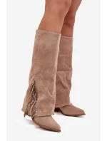 Dámské Kožené Boty Na Podpatku S třásněmi Béžové model 21704788 - Boto