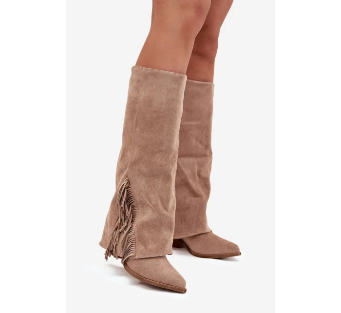 Dámské Kožené Boty Na Podpatku S třásněmi Béžové model 21704788 - Boto