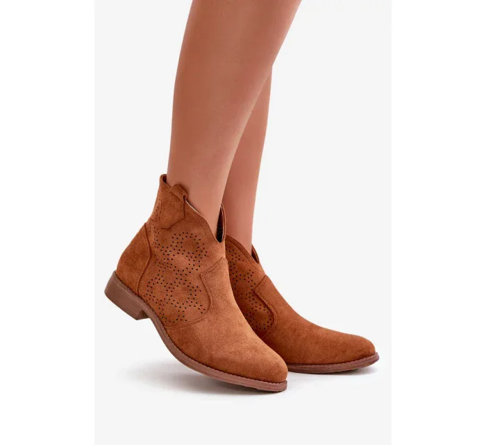 Ažurové Kotníkové Boty Dámské Na Plochém Podpatku Camel S.Barski Ažurové Kotníkové Boty Dámské Na Plochém Podpatku Camel S.Barski