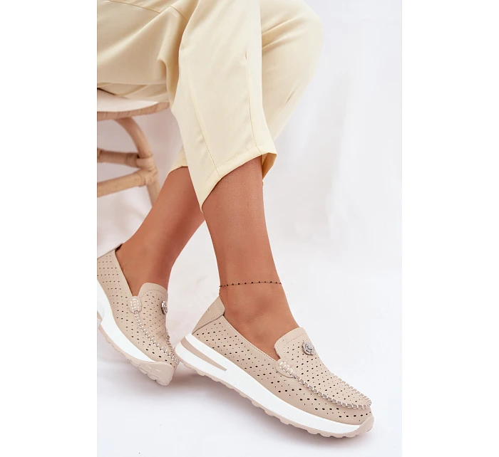 Dámské vzorované mokasíny z přírodní kůže béžové model 22095036 - EVENTO Dámské vzorované mokasíny z přírodní kůže béžové model 22095036 - EVENTO