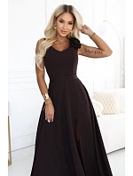 Elegantní večerní maxi šaty s rozparkem a růžemi – hnědé model 22358777 - numoco