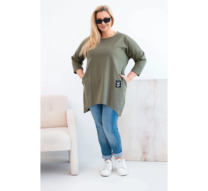 Dámská blůza Plus Size s delším zadním dílem a dlouhým rukávem khaki
