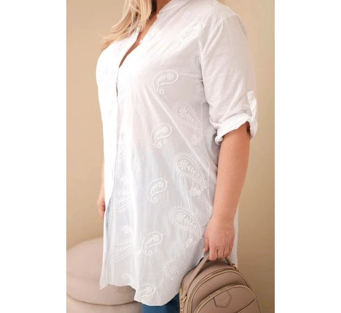 Dámské šaty Plus Size s výšivkou a ohrnovacími rukávy bílá
