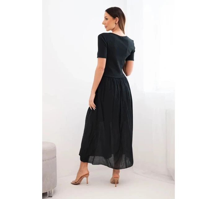 Dámské bavlněné midi šaty s krátkým rukávem a rozšířeným spodkem černá