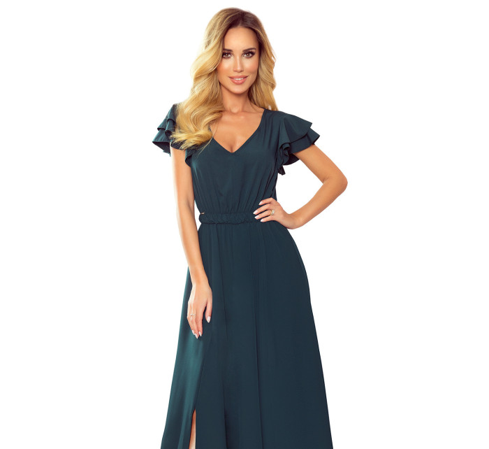 LIDIA - Dlouhé dámské šaty v lahvově zelené barvě s výstřihem a volánky 310-1