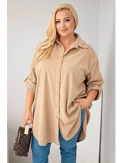 Dámská košile Plus Size z viskózy manšestrová s odepínacími rukávy camelová