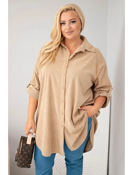 Dámská košile Plus Size z viskózy manšestrová s odepínacími rukávy camelová