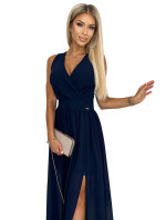 Tmavě modré dlouhé dámské šaty s výstřihem a zavazováním model 18409728 - numoco
