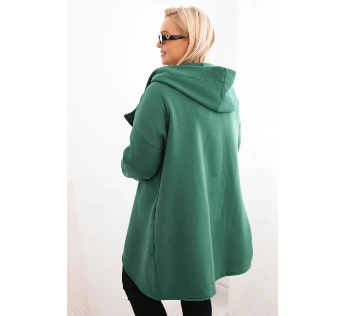 Dámská mikina Plus Size zateplená s kapucí a asymetrickým zipem tmavě zelená