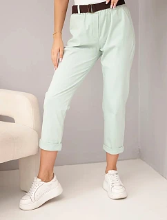 Dámské bavlněné kalhoty s páskem a model 22278592 nohavicí tmavě mátová - K-Fashion