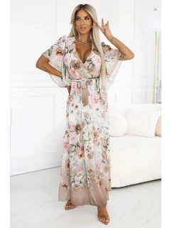 model 21178448 Vzdušné maxi šaty s obálkovým výstřihem a květinovým vzorem Béžové růže - numoco basic