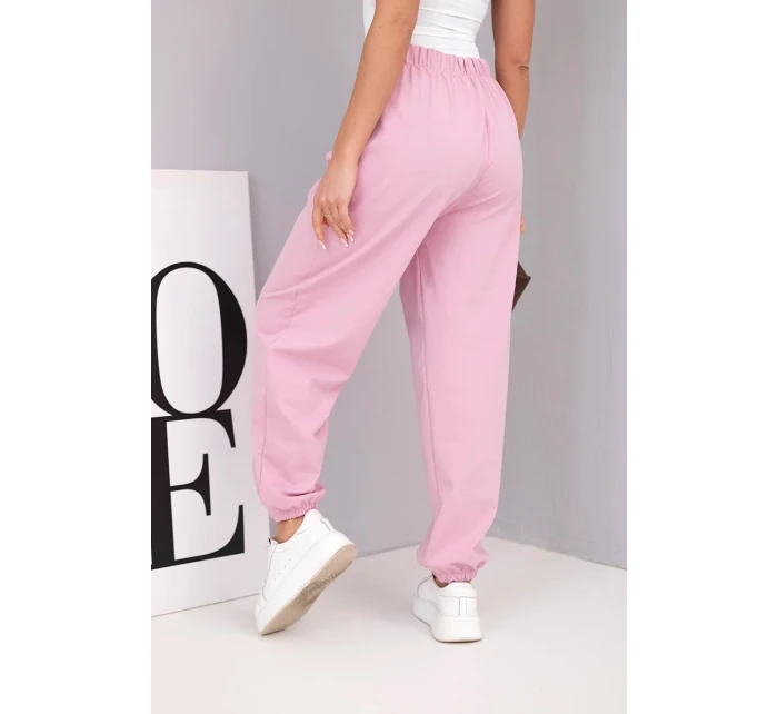 Dámské bavlněné kalhoty s vysokým pasem a ozdobným knoflíkem tmavě růžové