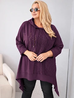 Dámská bavlněná mikina Plus Size s kapucí a pletenou vsadkou švestková