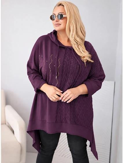 Dámská bavlněná mikina Plus Size s kapucí a pletenou vsadkou švestková Dámská bavlněná mikina Plus Size s kapucí a pletenou vsadkou švestková