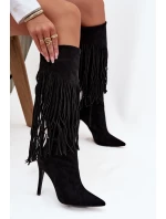 Dámské kozačky na jehlovém podpatku s třásněmi Isalune – černé Dámské kozačky na jehlovém podpatku s třásněmi Isalune – černé