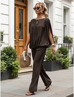 Dámská viskózová souprava se širokými kalhotami, hnědá, FashionStreet AY1201