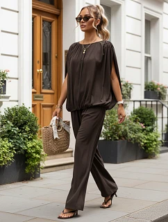 Dámská viskózová souprava se širokými kalhotami, hnědá, FashionStreet AY1201