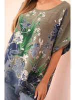 Dámská bavlněná blůza s květinovým potiskem a krátkým rukávem khaki