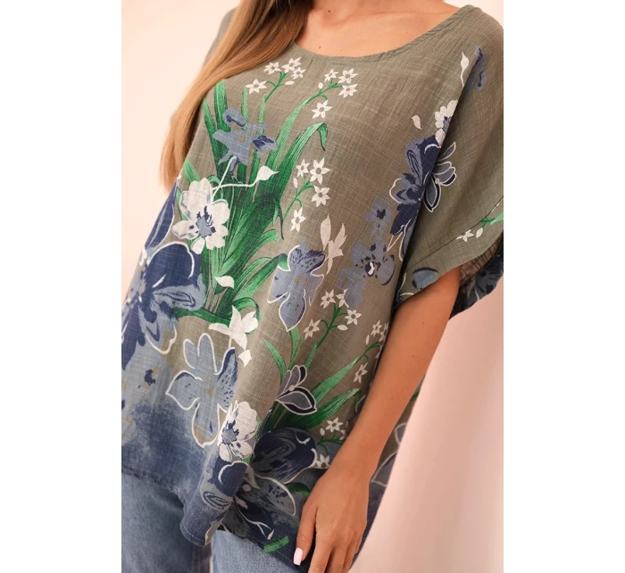 Dámská bavlněná blůza s květinovým potiskem a krátkým rukávem khaki