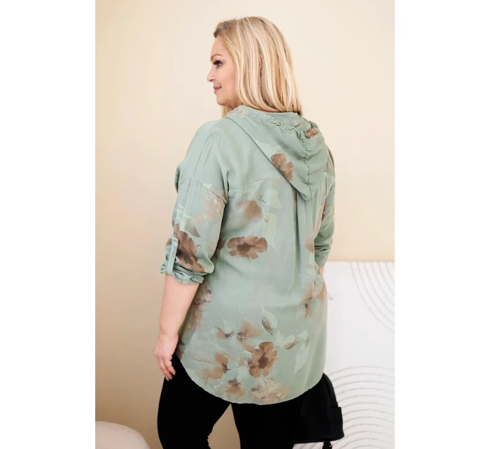 Dámská blůza Plus Size z viskózy s kapucí a květinovým vzorem khaki