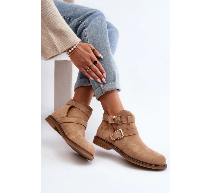 Dámské botky na plochém podpatku s pásky béžové model 21647703 - Boto Dámské botky na plochém podpatku s pásky béžové model 21647703 - Boto
