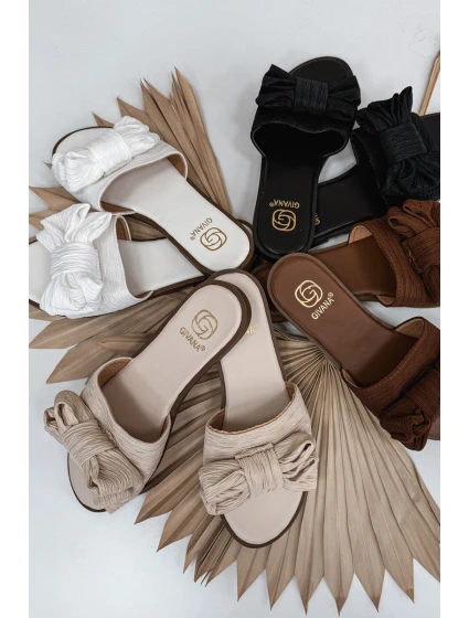 Dámské pantofle na ploché podešvi s mašlí Béžové Amivelle