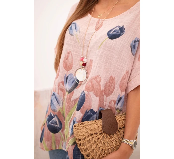 Dámská bavlněná košile s květinovým vzorem pudrově růžová