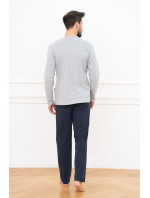 Pánské pyžamo Alcest, dlouhý rukáv, dlouhé kalhoty - melanž/námořnická modř
