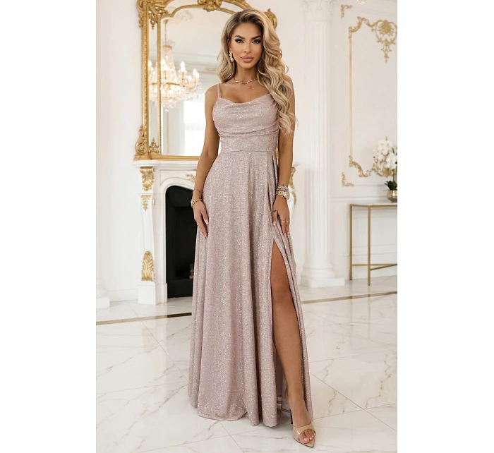 589-4 Dlouhé šaty s jemným třpytem a korzetovým zavazováním na zádech - béžovo-růžové s třpytkami