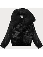 Černá kožená bunda s velkým límcem model 21248134 - Glakate Černá kožená bunda s velkým límcem model 21248134 - Glakate