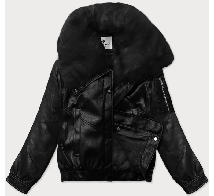 Černá kožená bunda s velkým límcem model 21248134 - Glakate