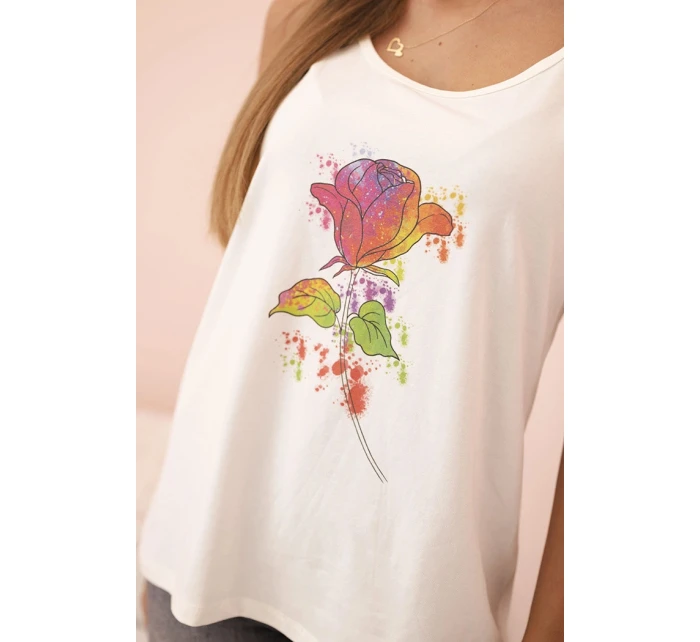 Dámská bavlněná halenka na ramínka s květinovým potiskem ecru