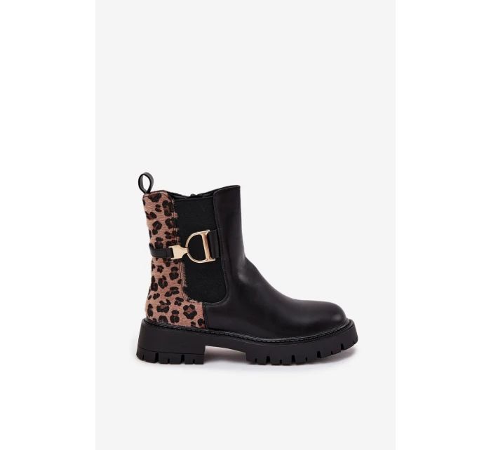 Zateplené Kotníkové Boty Dámské S Zlatým Panterka Černé model 21710048 - Boto Zateplené Kotníkové Boty Dámské S Zlatým Panterka Černé model 21710048 - Boto