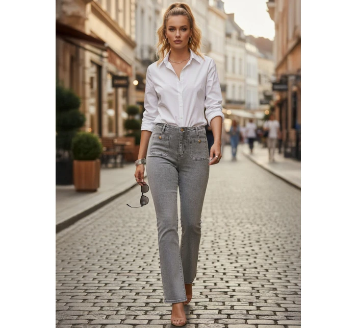 Dámské džíny s vysokým pasem a širokými nohavicemi šedé FashionStreet UY2875 Dámské džíny s vysokým pasem a širokými nohavicemi šedé FashionStreet UY2875