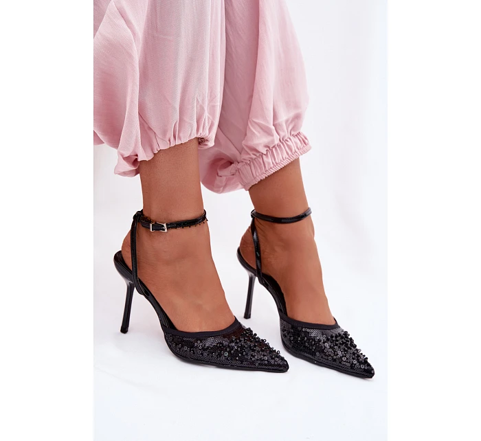 Dámské sandály na podpatku zdobené flitry a korálky Černé Nedira