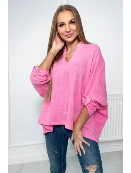 Mušelínová halenka s ohrnutými rukávy tmavě růžová Mušelínová halenka s ohrnutými rukávy tmavě růžová