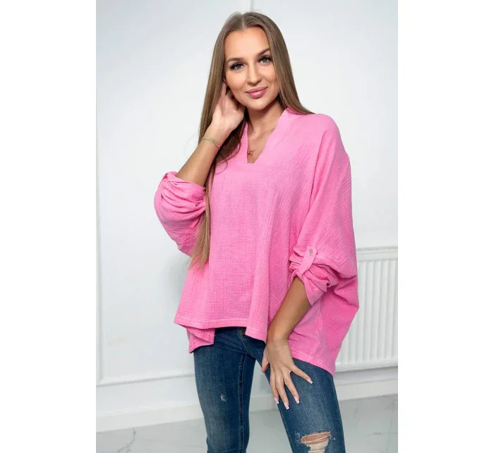 Mušelínová halenka s ohrnutými rukávy tmavě růžová Mušelínová halenka s ohrnutými rukávy tmavě růžová