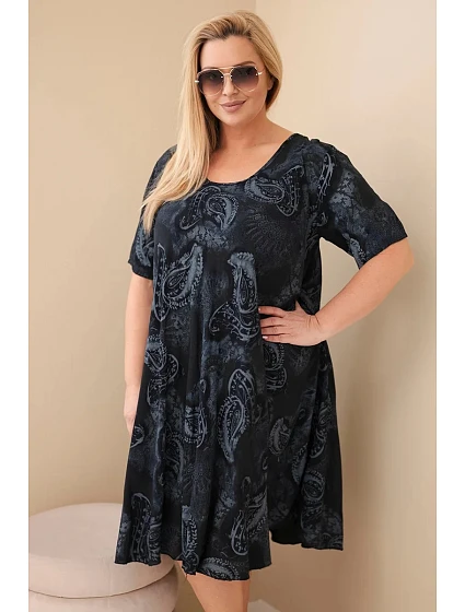 Dámské viskózové šaty Plus Size s krátkým rukávem a paisley střihem černá