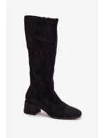 Dámské kozačky s ozdobou na hranatém podpatku Ivanna – černé Dámské kozačky s ozdobou na hranatém podpatku Ivanna – černé