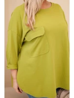 Dámská blůza Plus Size s bavlnou, kapsou a ohrnutým rukávem olivová