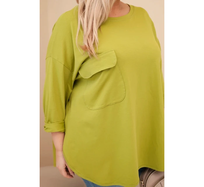 Dámská blůza Plus Size s bavlnou, kapsou a ohrnutým rukávem olivová