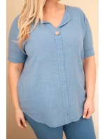 Dámská bavlněná halenka Plus Size s výstřihem na knoflíky džínová