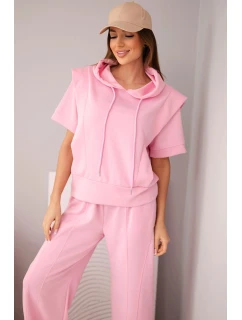 Dámská souprava máslová mikina s kapucí a volné kalhoty se šňůrkou cukrově růžová