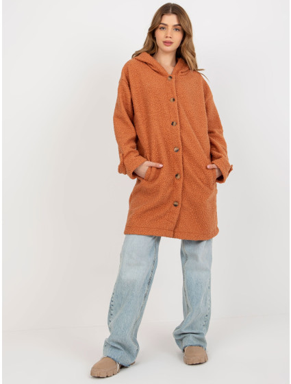 Dámský tmavě oranžový plyšový kabát s kapucí