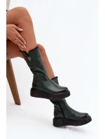 model 21772344 Kožené dámské kozačky s vlnou olivové - Zazoo