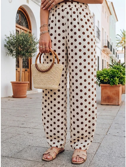 Dámské široké lyocellové kalhoty béžové s hráškem FashionStreet UY3069 Dámské široké lyocellové kalhoty béžové s hráškem FashionStreet UY3069