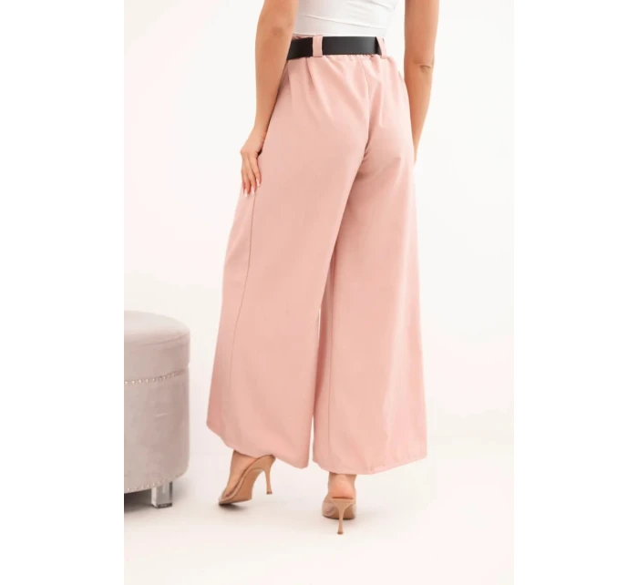 Dámské kalhoty s širokou nohavicí a páskem tmavě pudrově růžové