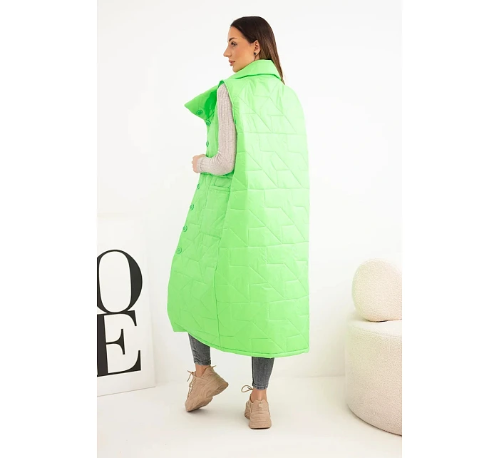 Dámská prošívaná dlouhá vesta s kapsami a stojáčkem neonově zelená