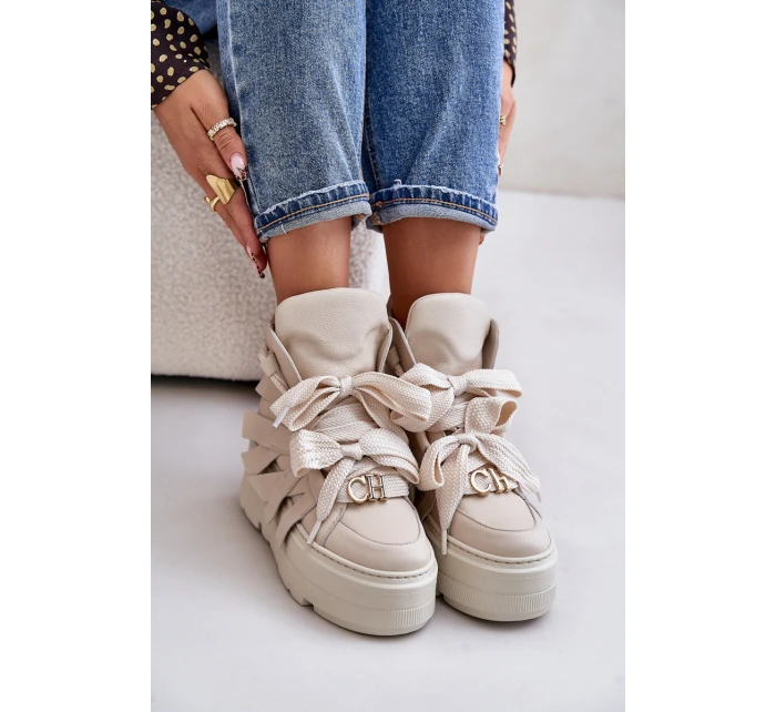 Kožené Dámské Tenisky Na Masivní Platformě Béžové CheBello 4561