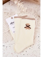 Bavlněné žebrované ponožky s medvídkem – ecru